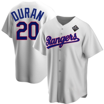 Ezequiel Duran Men's Replica Texas Rangers White Home Cooperstown Collection 2023 World Series Jersey